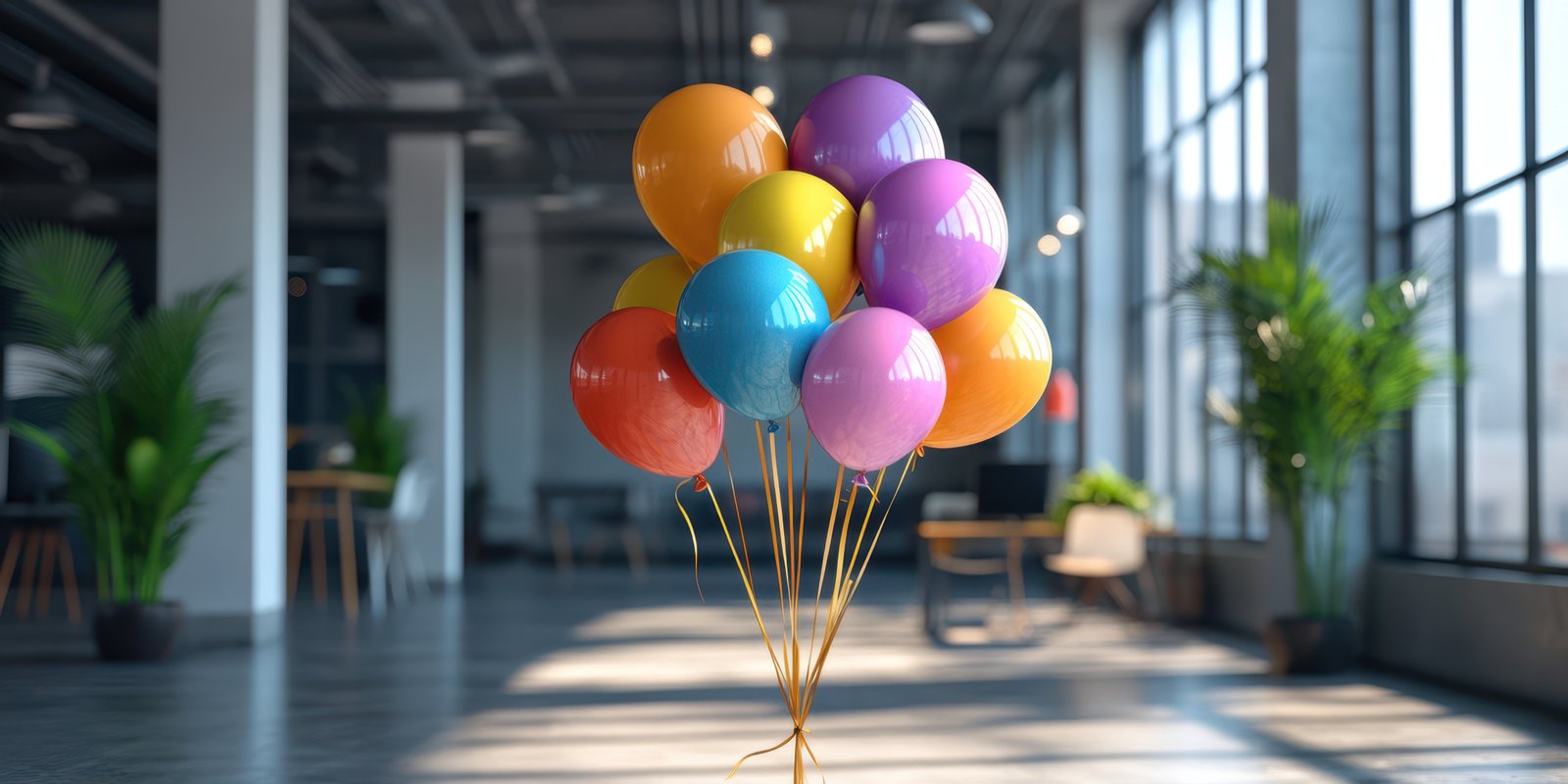 Colorful balloons brighten up a modern indoor office space filled with plants and natural light